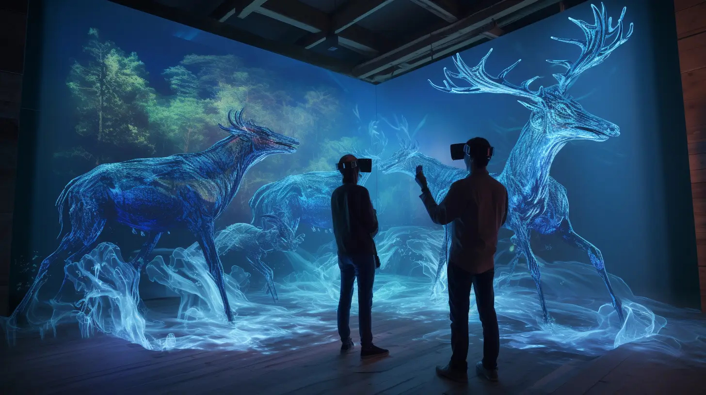 Two people experiencing a stylistic forest animal scene in VR. The Rendering is imposed around them to provide a representation of what the VR experience is.