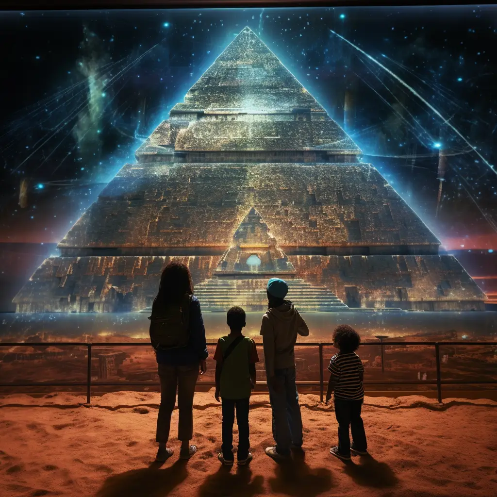 4 Kids of varying ages stand in an immersive exhibit with real sand floors, surrounded by a digital screen that has a holographic representation of a pyramid.