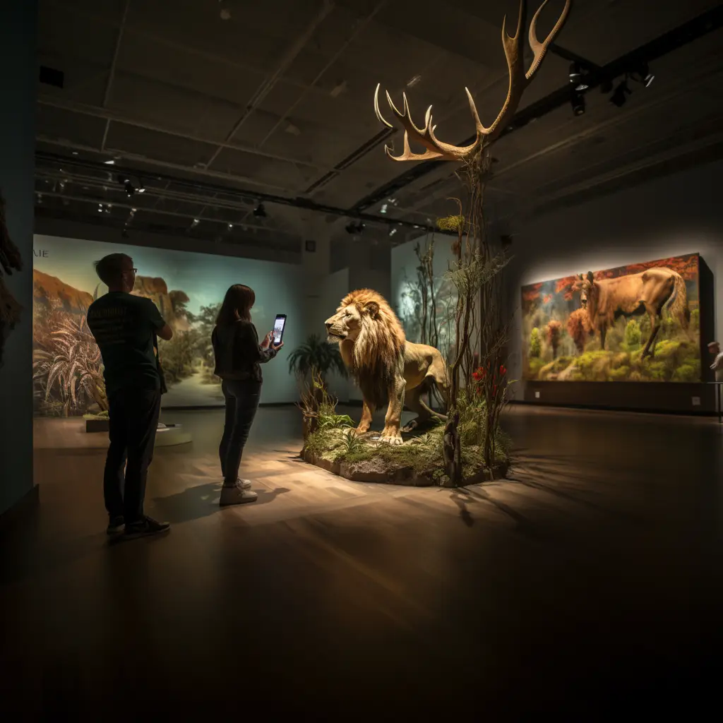 2 people in a dimly lit taxidermy exhibit of a lion, using a tablet to see more details about the exhibit through short film on the lion kingdom.