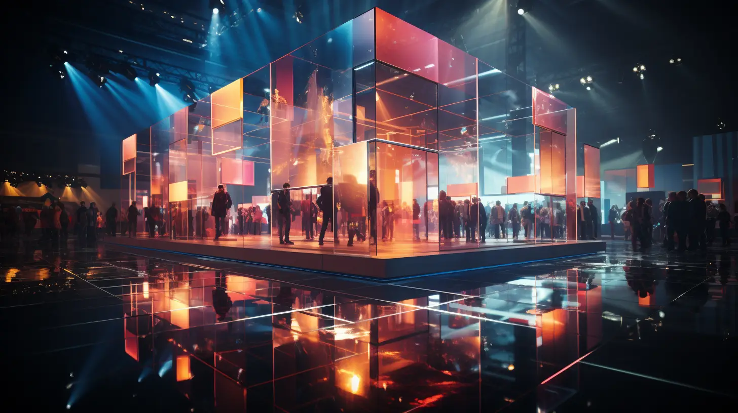 A trade show meetup area surrounded by translucent coloured glass panels to give the feeling of being in a hologram.