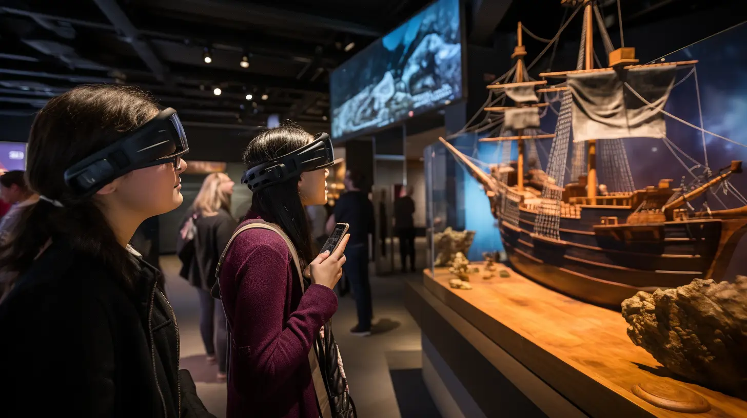 Two youths using AR headsets to bring a boat exhibit to life.